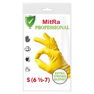 Перчатки хозяйственные латексные MitRa Professional, с х/б напылением, S (S) цвет Желтый (х1/144) Китай